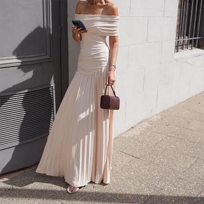 WhereMery Elegant Off Shoulder Slim Fit Dress 2024 Summer Sleeveless Pleated Fashion Evening Dress Banquet Vestidos Women's Wear