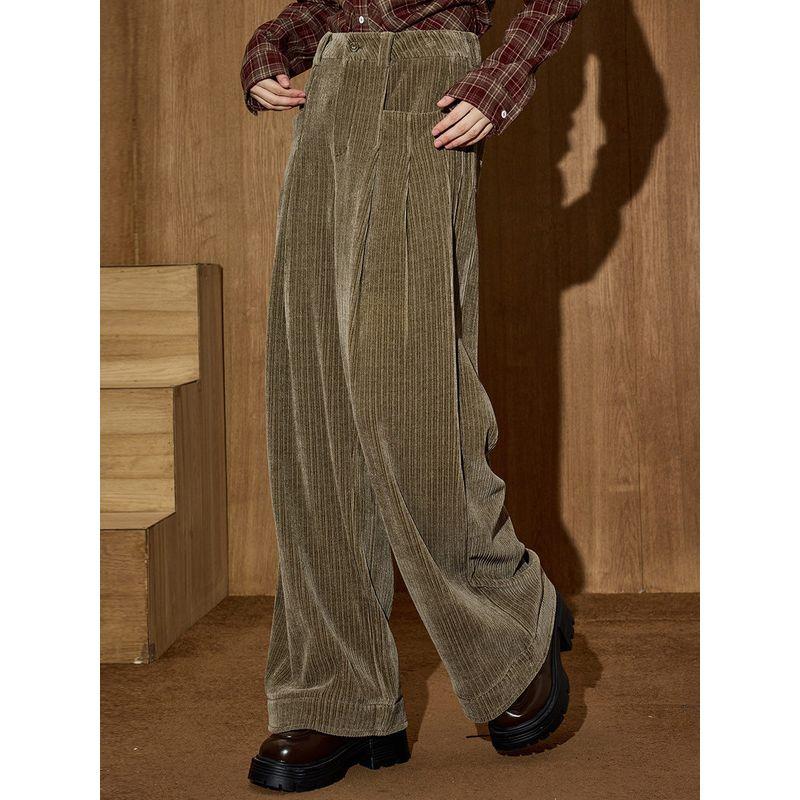 Coolhut Olive Green Corduroy High-Waisted Wide-Leg Cuffed Winter New Warm Thick Casual Pants for Women