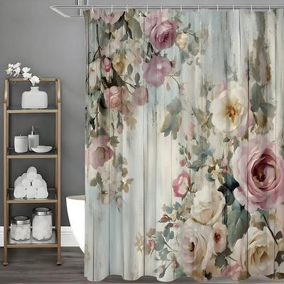 Rose Blume Holzpaneel Ölgemälde Kunst Duschvorhang, Badezimmer Dekorativer Duschvorhang, Wasserdichter Duschvorhang mit Haken