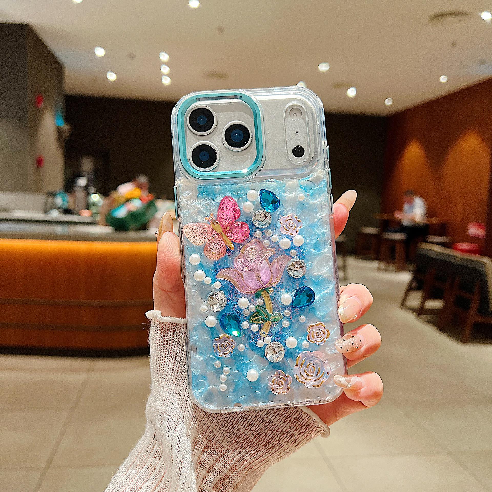 

Чехол-наклейка ручной работы с розами, бабочками и бриллиантами для серии iPhone 11-17 iPhone 12 Pro Max синий