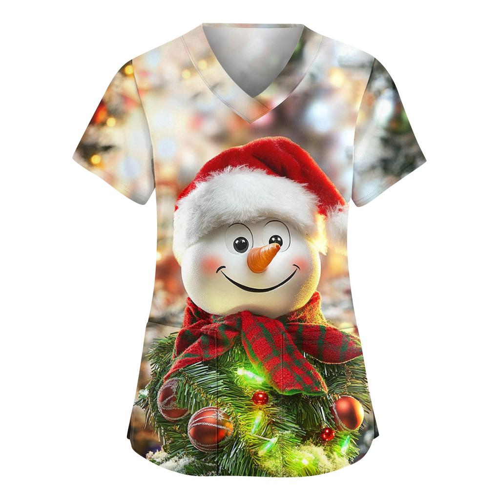 Damen Modische V-Ausschnitt Arbeitskleidung Weihnachten Bedruckt Kurzärmlig Tasche Seitenschlitz Arbeitskleidung Basic Pullover Top