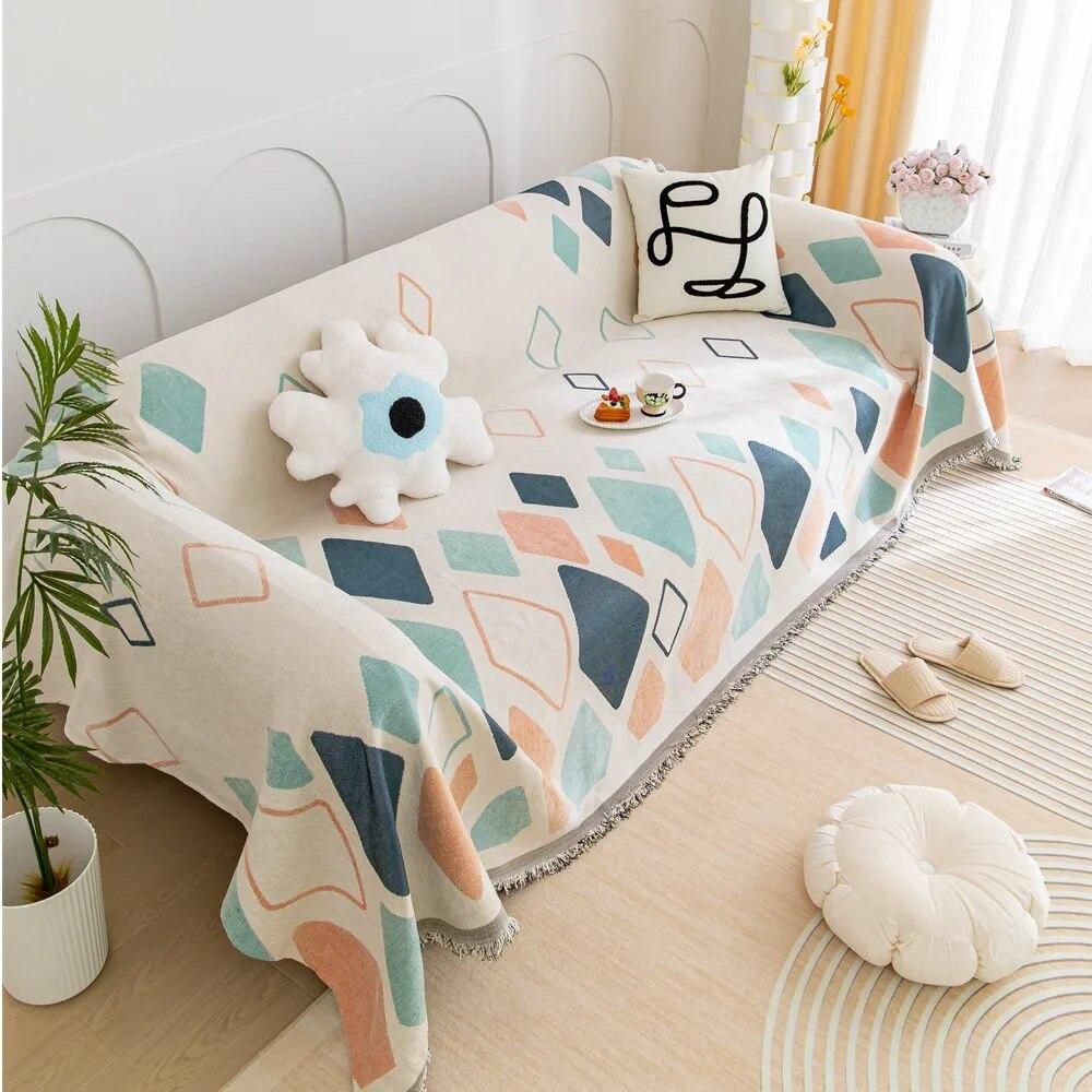 

Мягкие диванные полотенца с весенним геометрическим узором, одеяла для кемпинга, пикника, анти-кошачье полотенце, INS, хлопковый коврик для дивана с защитой от царапин 180x130cm