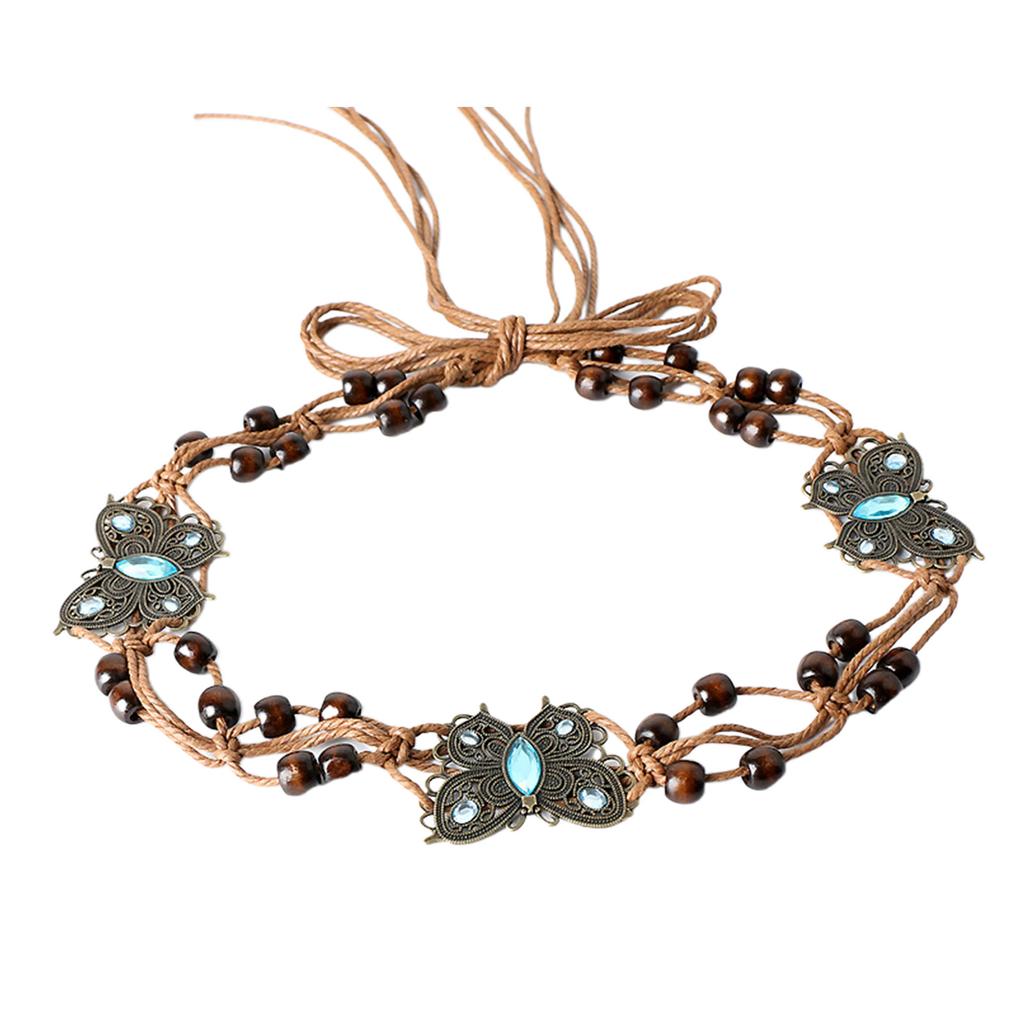 Brown Belt with Beads Butterflies Vintage Tassel Cotton Rope Waist Chain Woven Waist Belts for Dress Party Dance Show