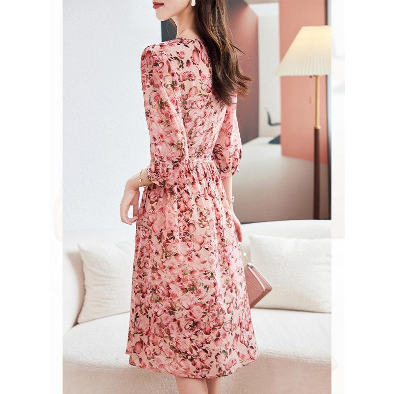 Silk dress women's  printing V-neck lace-up light luxury mulberry silk A-shaped skirt