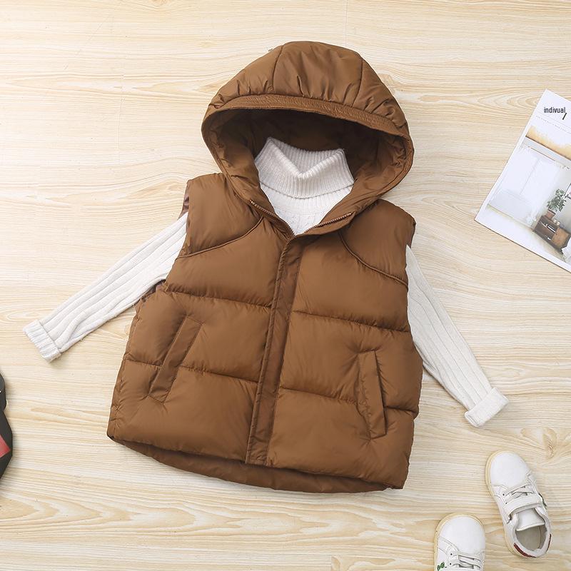 

2025 Осень/Зима Хлопковый жилет с капюшоном для мальчиков и девочек, Теплая безрукавка для детей среднего и старшего возраста, Верхняя одежда для учеников начальной школы. 110cm