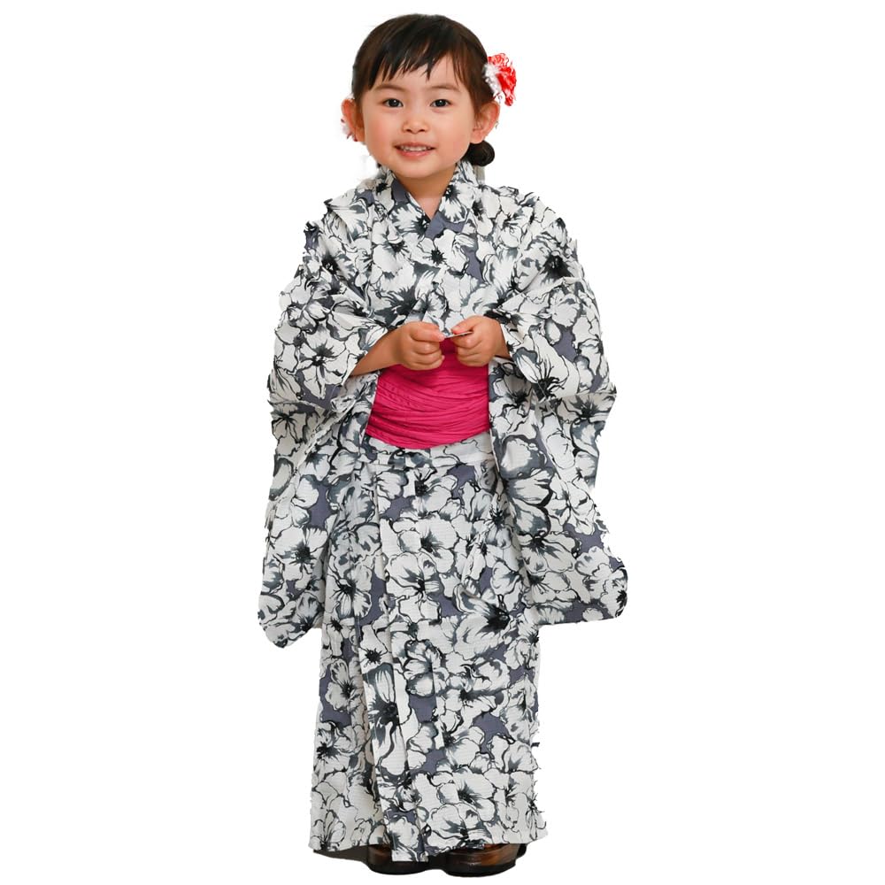 

Киотское кимоно Юдзен Юката Комплект с цветочным принтом 110 см для девочек 2 предмета Оби, принт, серый, серый