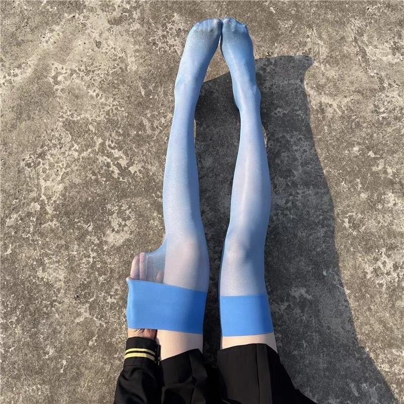 Women Glitter Thigh High Stockings 12D Summer Ultra-thin Ladies Collant Sexy Lingerie See Through Stockings Wide Rib Top Details