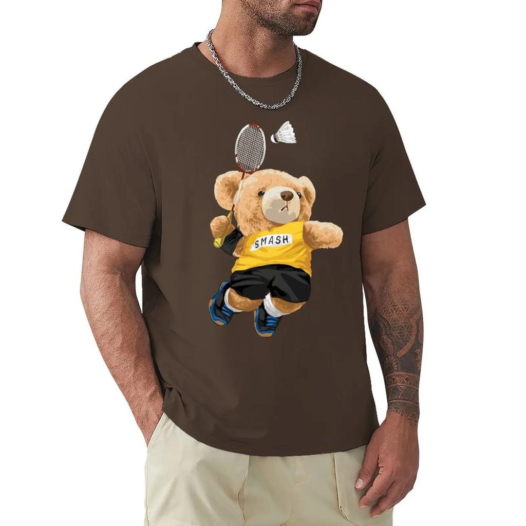 Teddy Bear Playing Badminton T Shirt Harajuku Short Sleeve T-shirt 100% Cotton Graphics Tshirt Tops