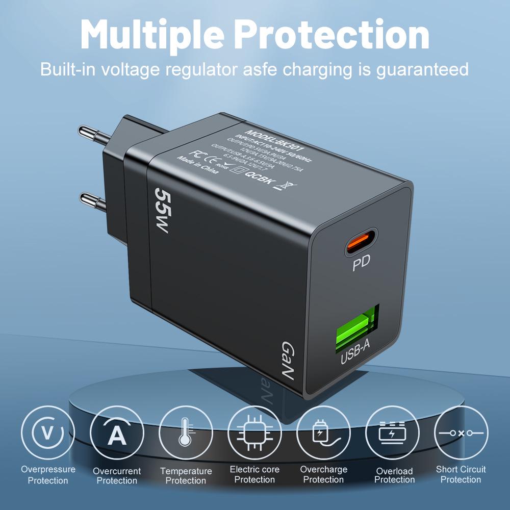 55W GaN PD Fast Charger - EU/US/UK Plug Adapter for Phones & Computers