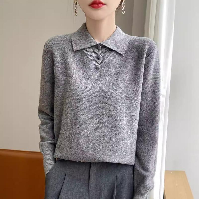 Age-reducing Lapel-neck Knitted Sweater Women's Long-sleeved Loose Early Autumn Bottoming Shirt Top Button-embellished PO Collar Inner Sweater