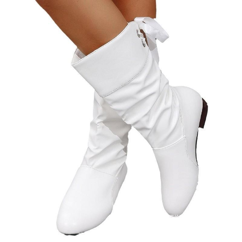 Cross-border New Large-size Lace-up Thin High Boots Women's Autumn and Winter White Student Thick-heeled Leather Knight Boots