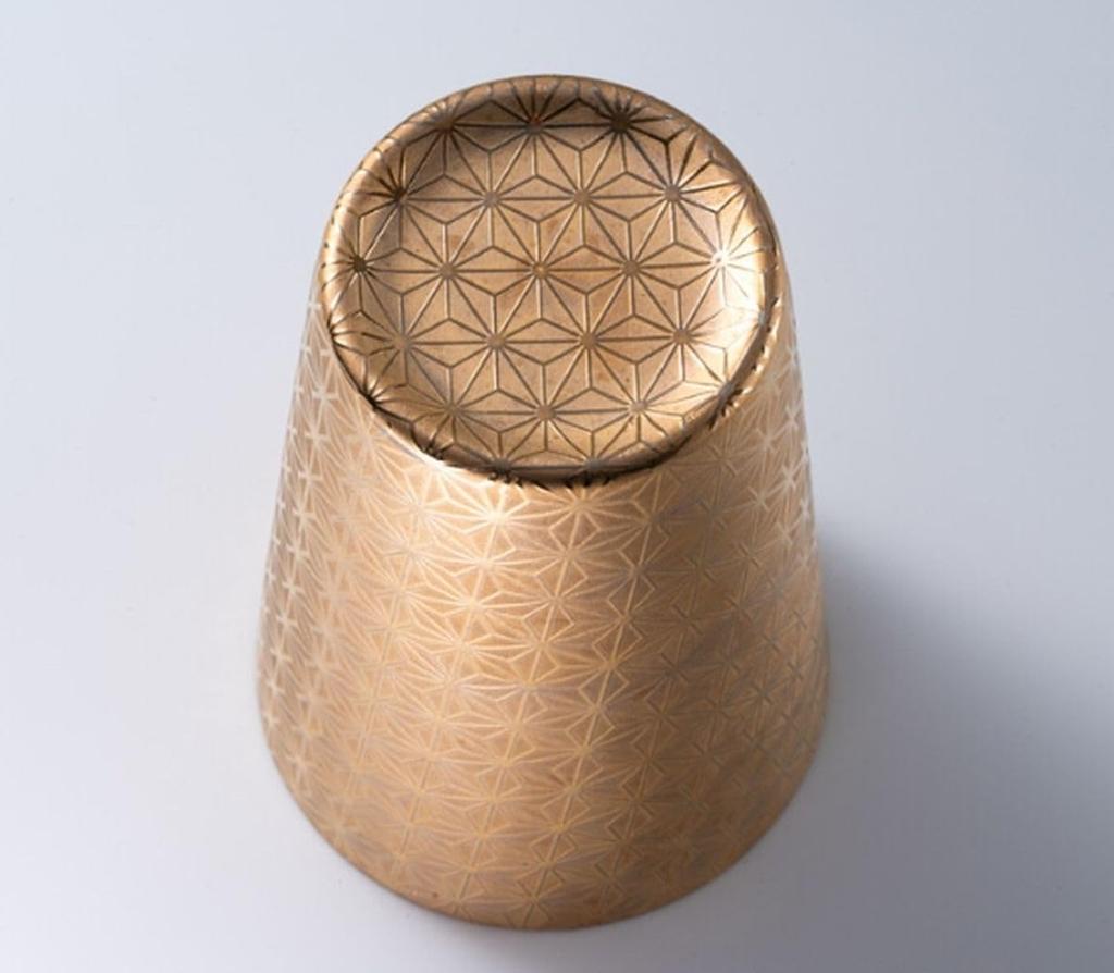 Asanoha Wooden Made in Japan J-kitchens Cup, Ultra-thin, Light-transmitting Tumbler, Gold, Pattern, Box, 370ml,