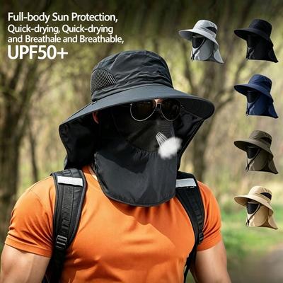 Chapeau de Soleil Upf50+ Pour Hommes Cache-Visage et Cou Amovibles Pêche Randonnée en Plein Air Protection UV Respirant Séchage Rapide Casquette Safari