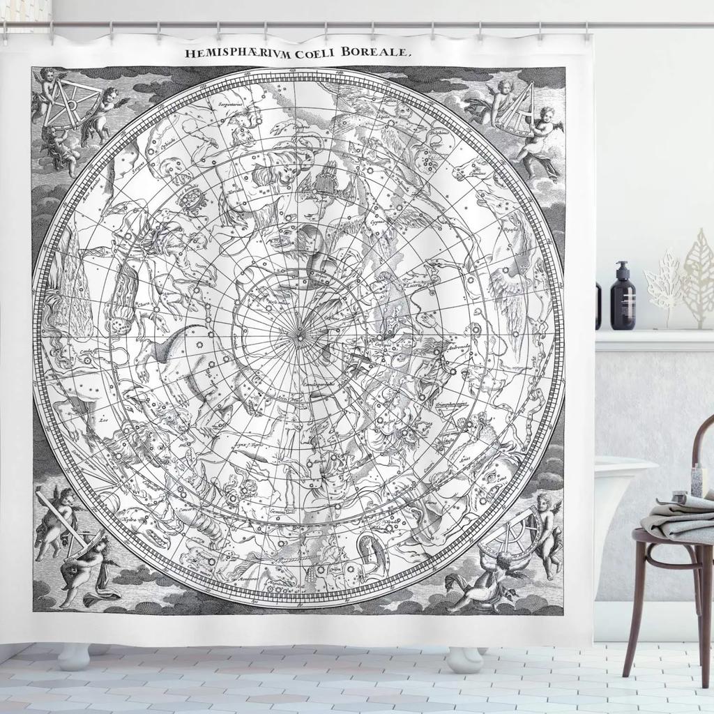 Astrologi Duschdraperi Planetariumtema Astronomisk Bild av Stjärnbilder med Horoskop Tyg Badrumsinredning Set