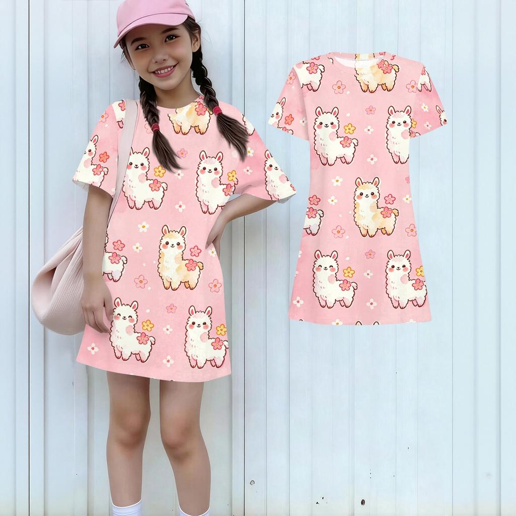 Girls Loose Fit Short Sleeve Dress Lightweight Round Neck Casual Animal Print Summer Dress for Kids Comfortable Daily Wear