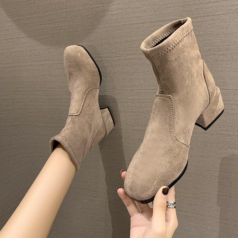 Jesień nowe damskie botki niski cholewka kwadratowy nosek Chelsea zamszowe średni obcas ocieplane botki zakrywające stopę aksamitne krótkie botki