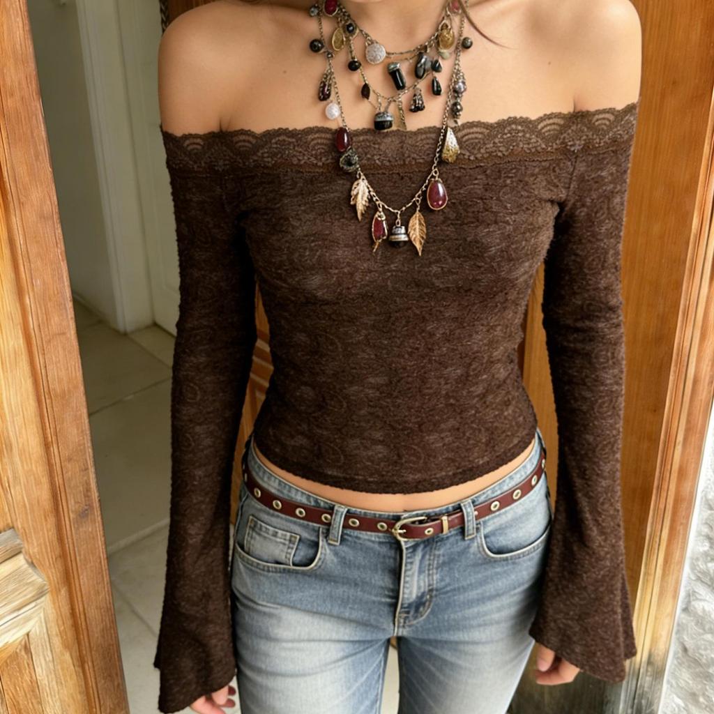 Melaleuca Brown One-Shoulder Lace Bell Sleeve Slim-Fit T-Shirt