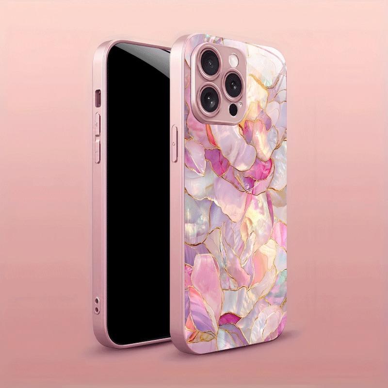 Creative Pink Crystal Floral Charm Metallic Glass Phone Case For iPhone 17 16 15 14 13 12 11 Pro Max 15 14 Plus 17 Air 16E Cover