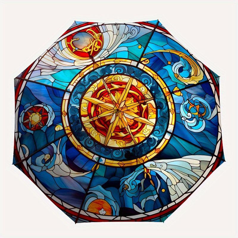 Stained Compass Rose Window PanelUmbrella, Portable 3-Fold Compact Umbrella for Men & Women Gift