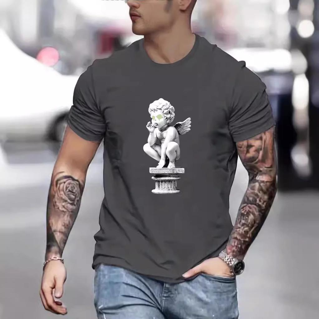 Men's Angel Sculpture Cotton T-Shirt Short Sleeve Round Neck Women 2d Print Tops