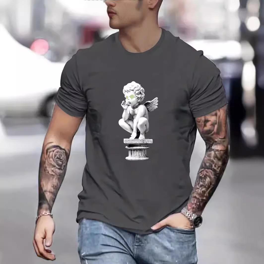 

Summer Round Neck Angel Sculpture Printed Top Fashionable Casual Pure Cotton Short Sleeved Men s T-shirts 3XL темно-серого