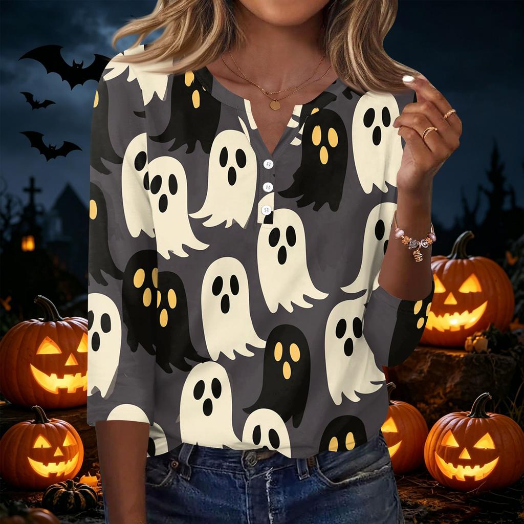 Women's Casual Halloween Print V Neck Button Front Three Quarter Sleeve T Shirt Top Lightweight Soft Fabric Comfortable Fit