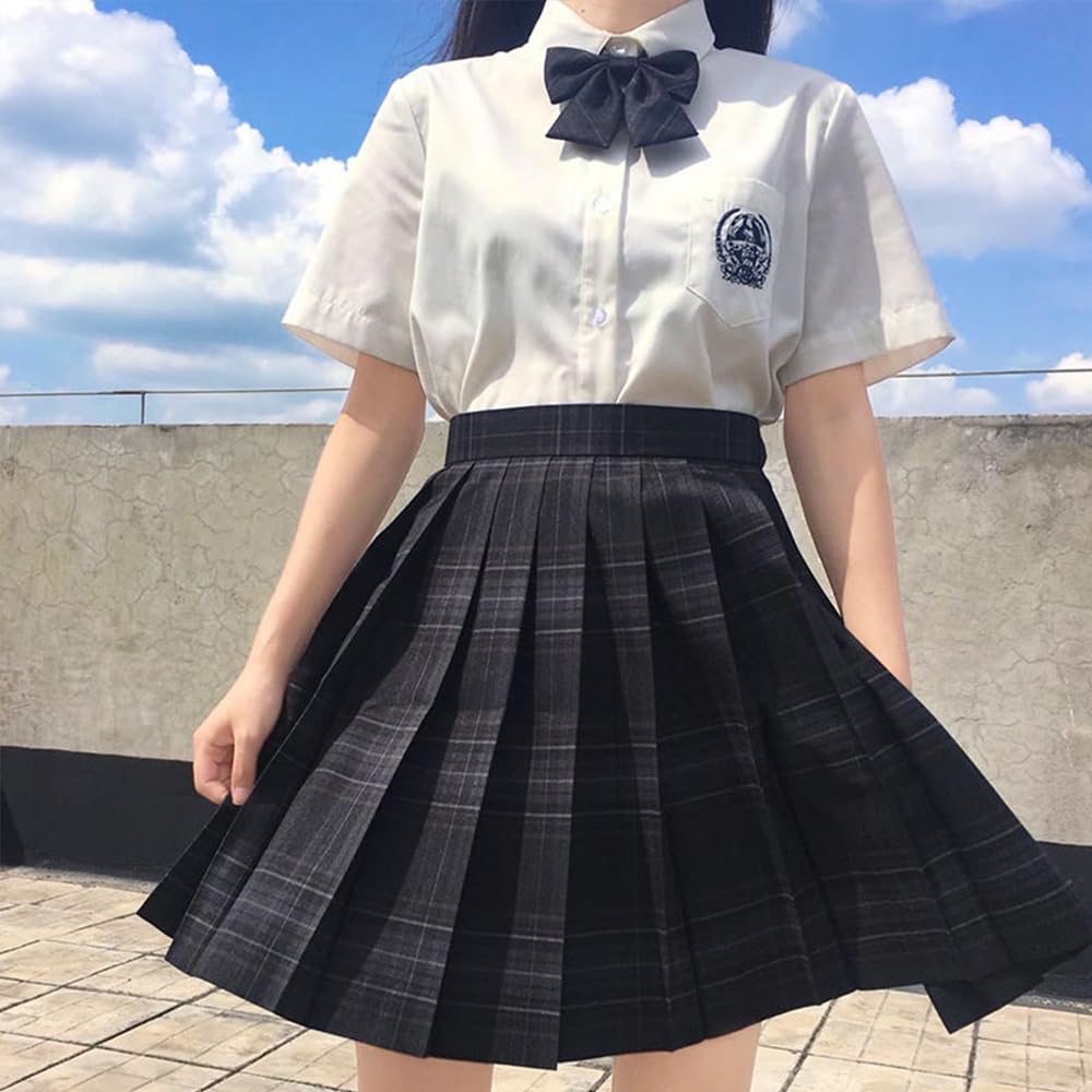 GEAHOL School Uniform Skirt 3-Piece Set Girls High Waist Pleated Check Pattern with Bow Tie Tie Adjustable Waist Machine Washable for School Festival