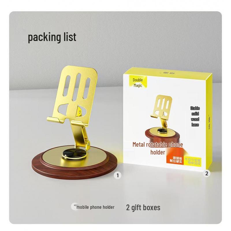 All-Metal Rotating Phone and Tablet Holder with Wood Base for Stress Relief