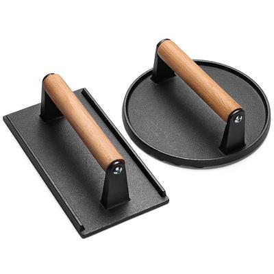 Burger Presi, 7" Yuvarlak ve 8.2"X4.3" Dikdörtgen Ağır Hizmet Tipi Dökme Demir Smash Pastırma Presi Izgara, Sandviç, Yapışmaz Tava için Ahşap Saplı Et Biftek