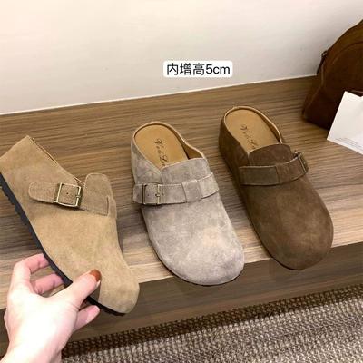 Height Increase Outer Wear Half Toboken Shoes 2024 New Spring and Autumn Women's Shoes Brown Platform Slippers Boken Shoes Single Shoes