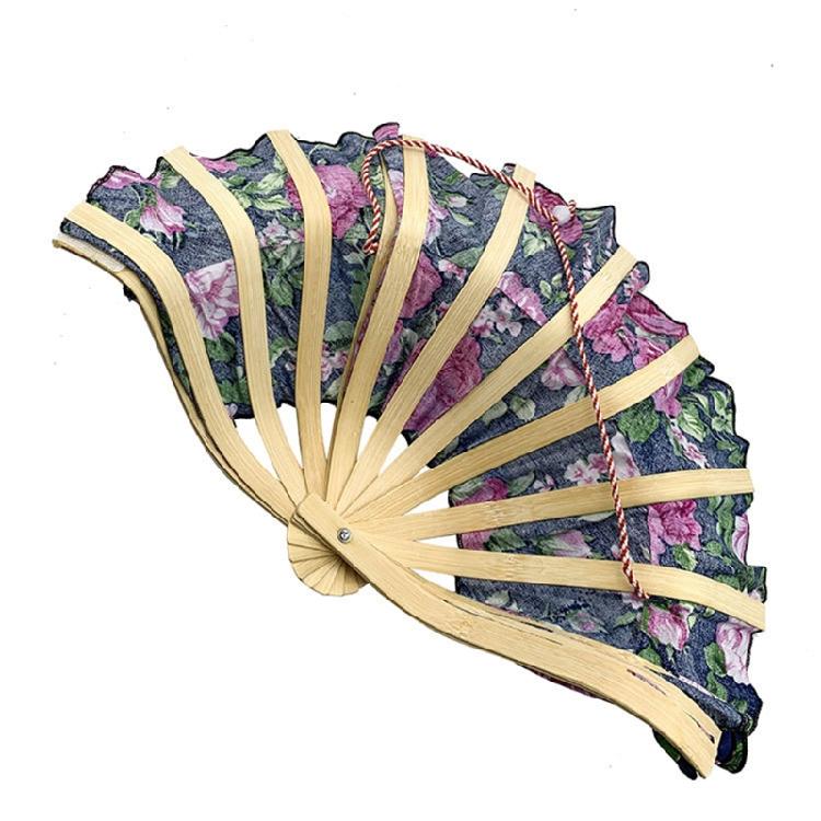 Foldable Hand Fan Sun Hat 2 In 1 Chinese Style Portable Floral Printed Handheld Fan Beach Cap Bamboo Hat