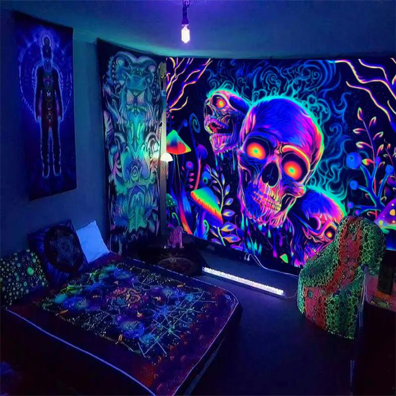 1pc Skeleton flower fluorescent tapestry, UV tapestry, plant mushroom tapestry, bedroom aesthetic decoration wall hanging 73x95cm