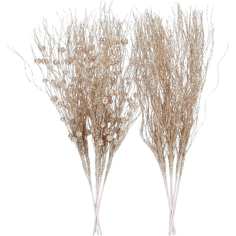 2Pcs Glitter Branches Christmas Tree Decoration Artificial Flowers for Home Fake Flowers Xmas Ornaments New Year Party Decortion