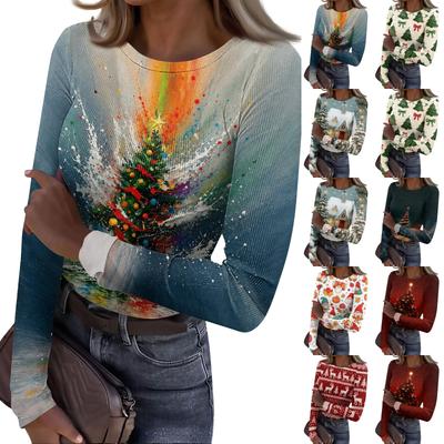 Women's Casual Christmas Print Long Sleeve Ribbed Round Neck Top