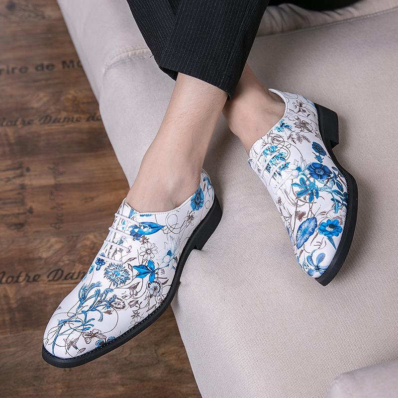 Men’s Shoes Derby White Flower Print Dress Shoes Tuxedo Wedding Blazers Saddle Shoes Plus Size
