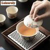 Retro Plant Ash Travel Tea Set Handmade Daffodil Tracing Silver Cover Bowl Tea Brewing Kit Outdoor Camping Portable Leath Bag