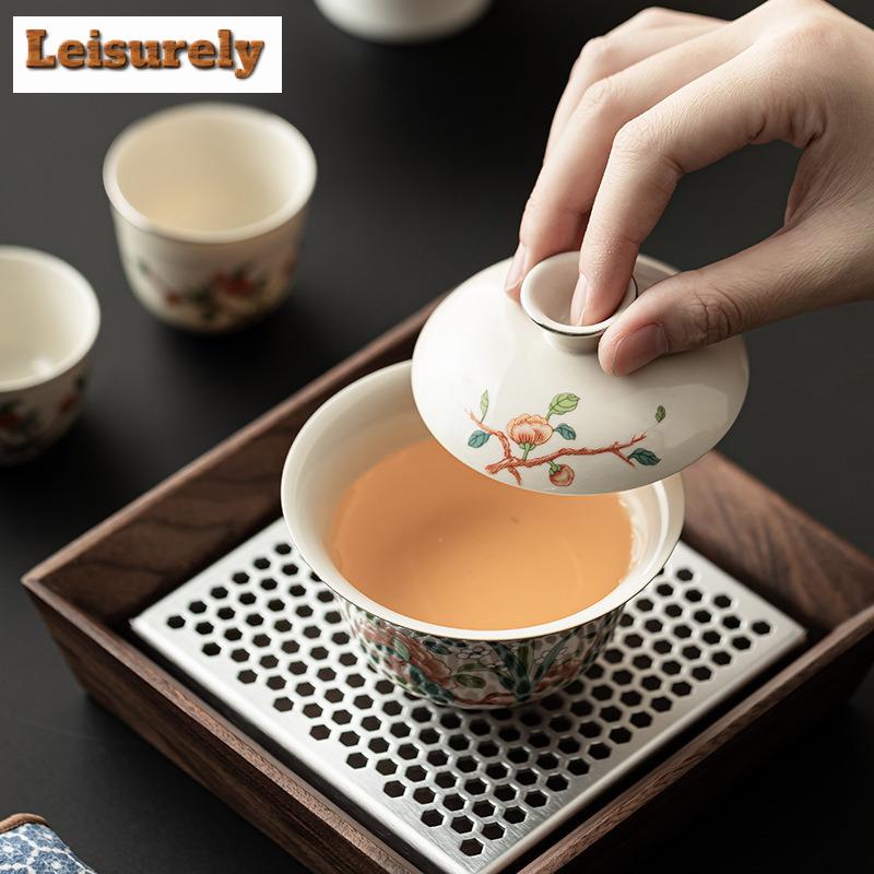 Retro Plant Ash Travel Tea Set Handmade Daffodil Tracing Silver Cover Bowl Tea Brewing Kit Outdoor Camping Portable Leath Bag