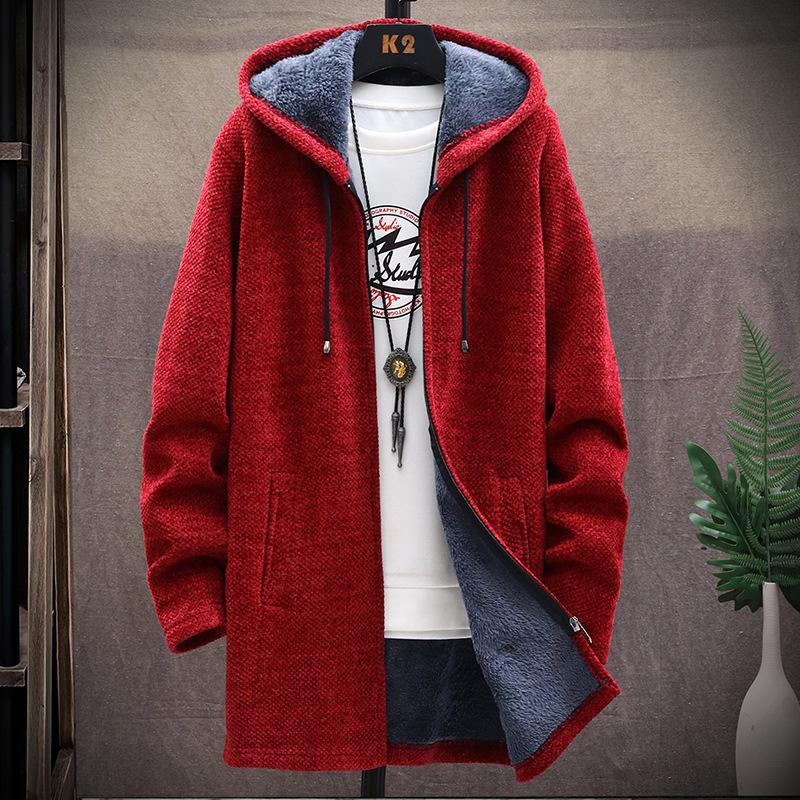 Men's Plus Velvet Thick Cardigan Sweater - Long Hooded Knitwear for Autumn/Winter