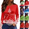 Women's Christmas Tree Print Crewneck Long Sleeve Top with Split Hem for Holiday