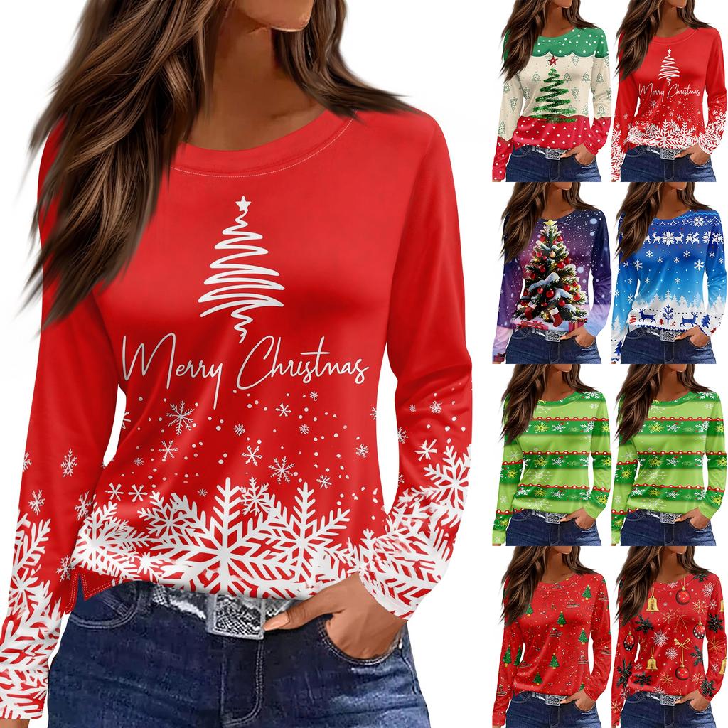 Women's Christmas Tree Print Crewneck Long Sleeve Top with Split Hem for Holiday