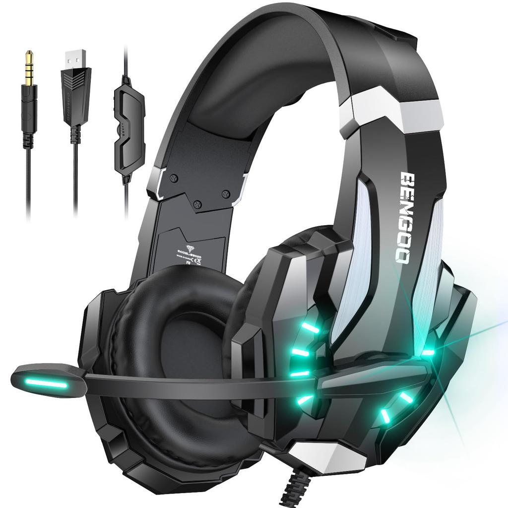 BENGOO Gaming Headset for Noise Cancelling with Wired Gaming Deep LED Controller Stereo FPS Compatible with Nintendo Xbox and PCs PS5, Microphone,