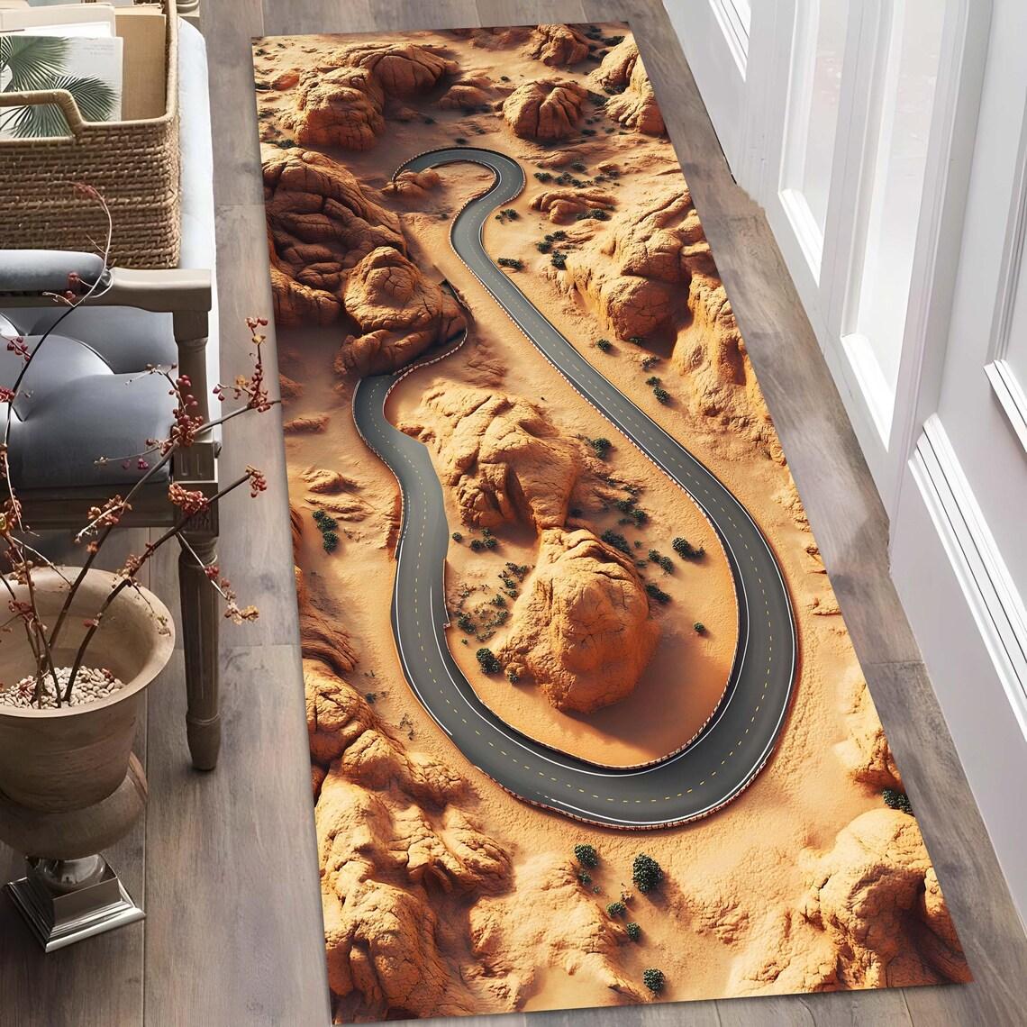 Visual 3D Racetrack Runner Rug Kids Car Play Mat, Desert Road Design Road Carpet Children's Climbing Mat Home Decoration