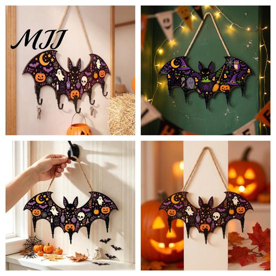 Decorative Entryway Key Hanger Halloween Bat Shaped Wooden Hook, 2D Wall Mounted Hanging Decor with Spooky Ornament Pumpkin Ghost Witch Pattern,