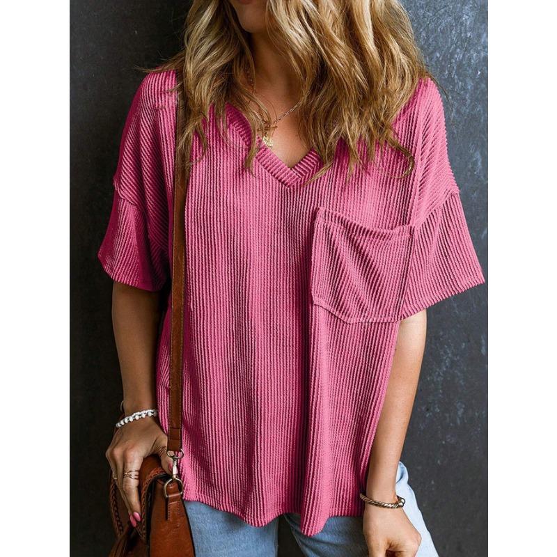 YYFS Women's Fashion Casual Solid Color Print Summer Spring Short Sleeve V-Neck Blouses & Shirts
