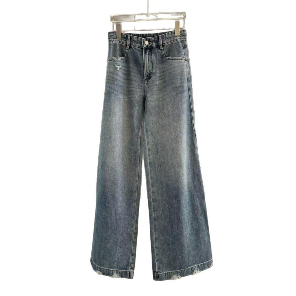 25 Spring Vintage High-Waisted Distressed Washed Slimming Wide-Leg Straight Jeans