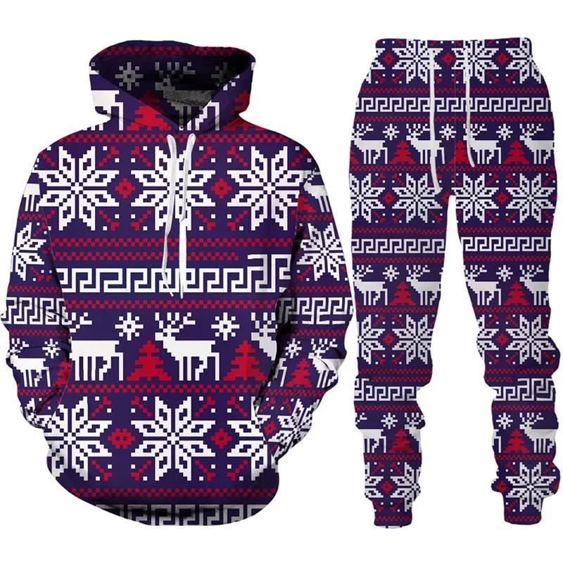 Autumn Winter Men Merry Christmas Hoodie Set Cartoon Santa Claus Clothing Male Fashion Hooded Coat Pullover Casual Streetwear