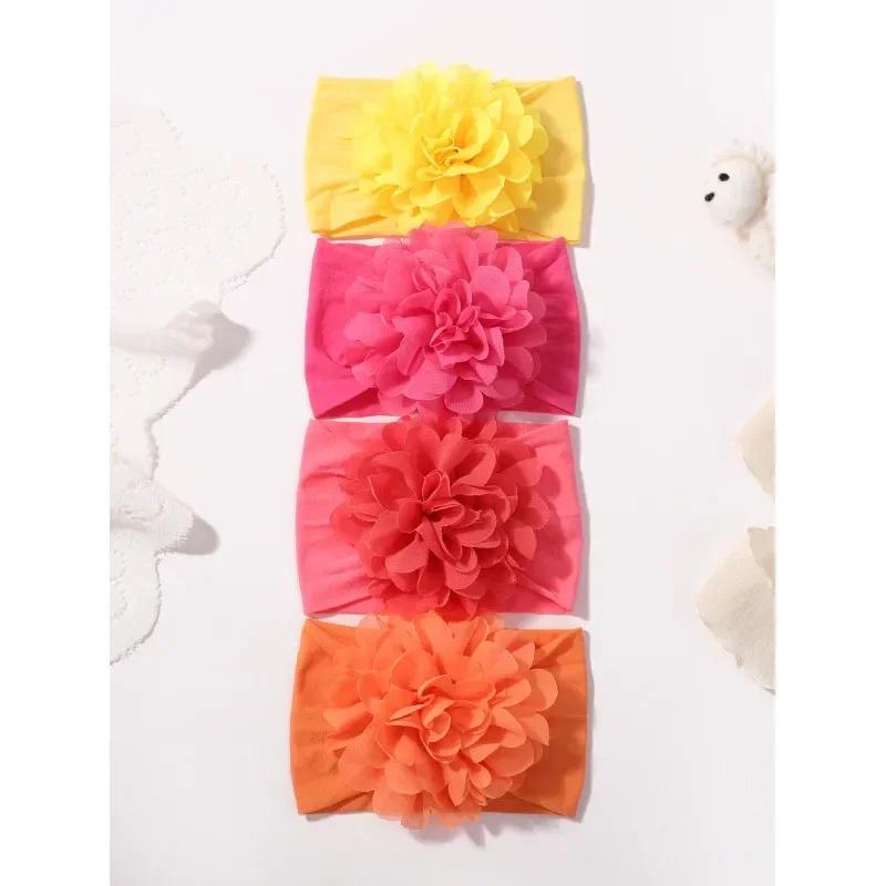 

4 шт./компл., повязка на голову с цветком для новорожденных девочек, эластичный детский тюрбан, детские банты, мягкий нейлоновый головной убор, аксессуары для волос