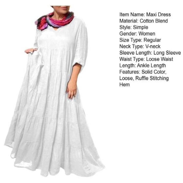 Summer Vacation Maxi Dress for Women V Neck Long Sleeve Solid Color with Ruffle Stitching and Pleated Hem