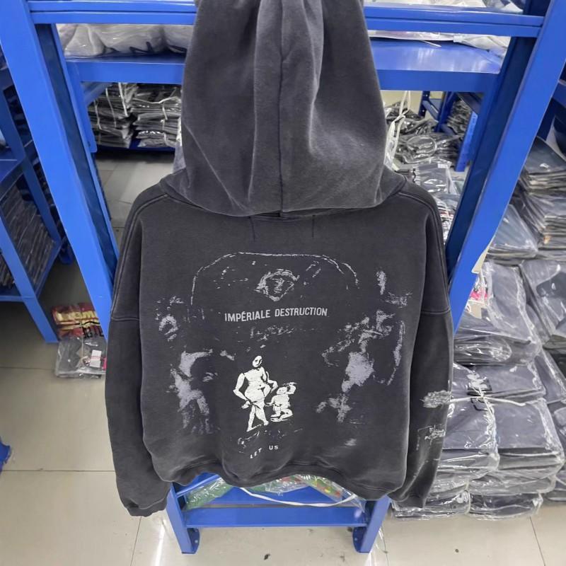 Mens Oversized Hooded Sweatshirt Streetwear Graphic Print Distressed Washed Cotton Casual Pullover