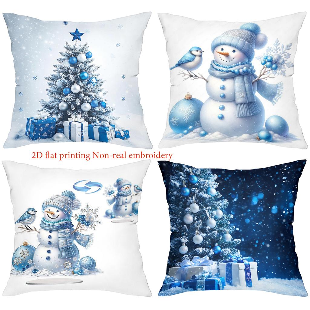 Blue Snowman Tree Gift Pillow Covers for Christmas Decor Polyester pillowcase, sofa decorative cushion cov Headboard Pillow
